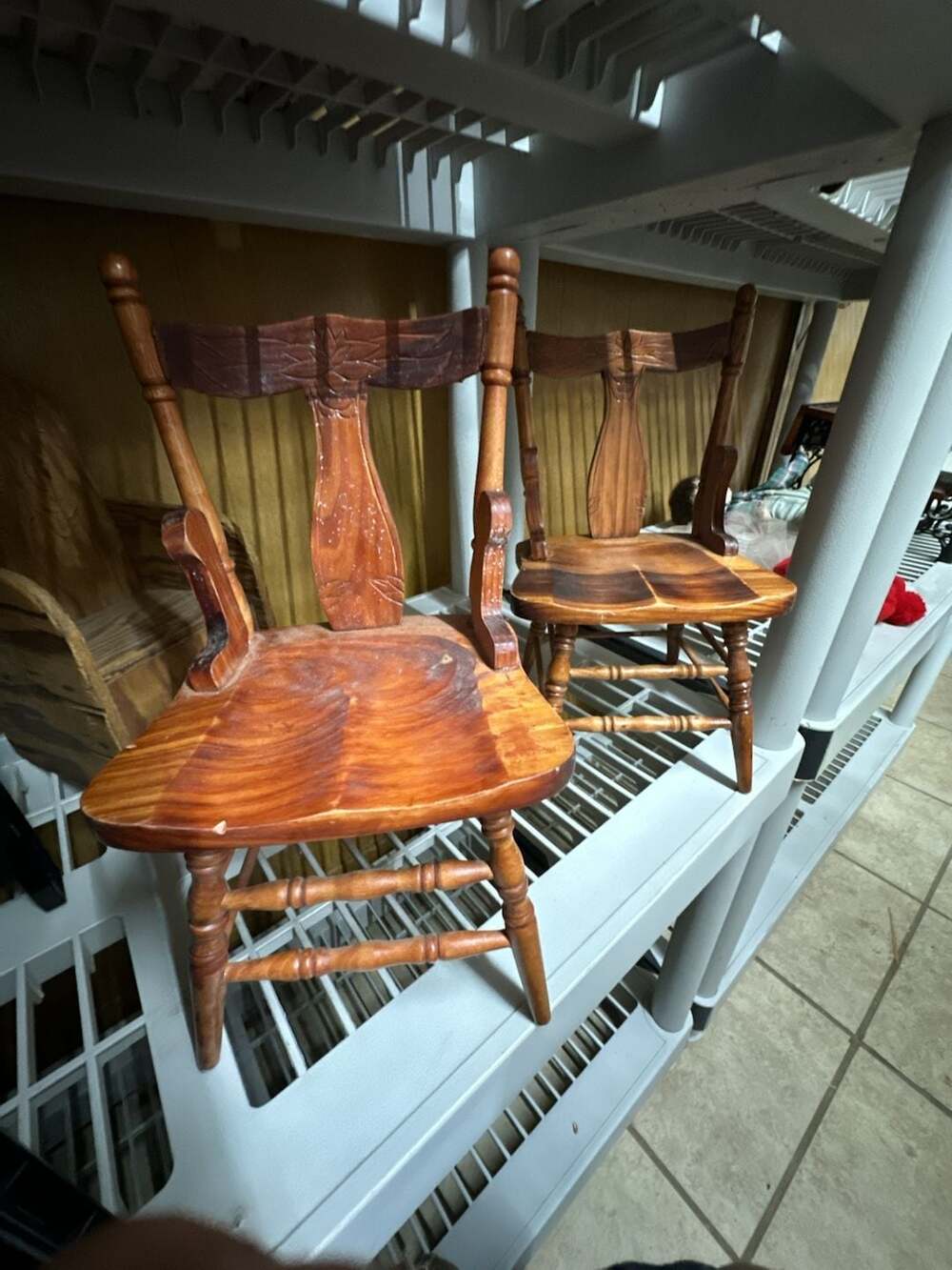 Vintage Hand-Carved Wooden Doll Chairs with Floral Motif